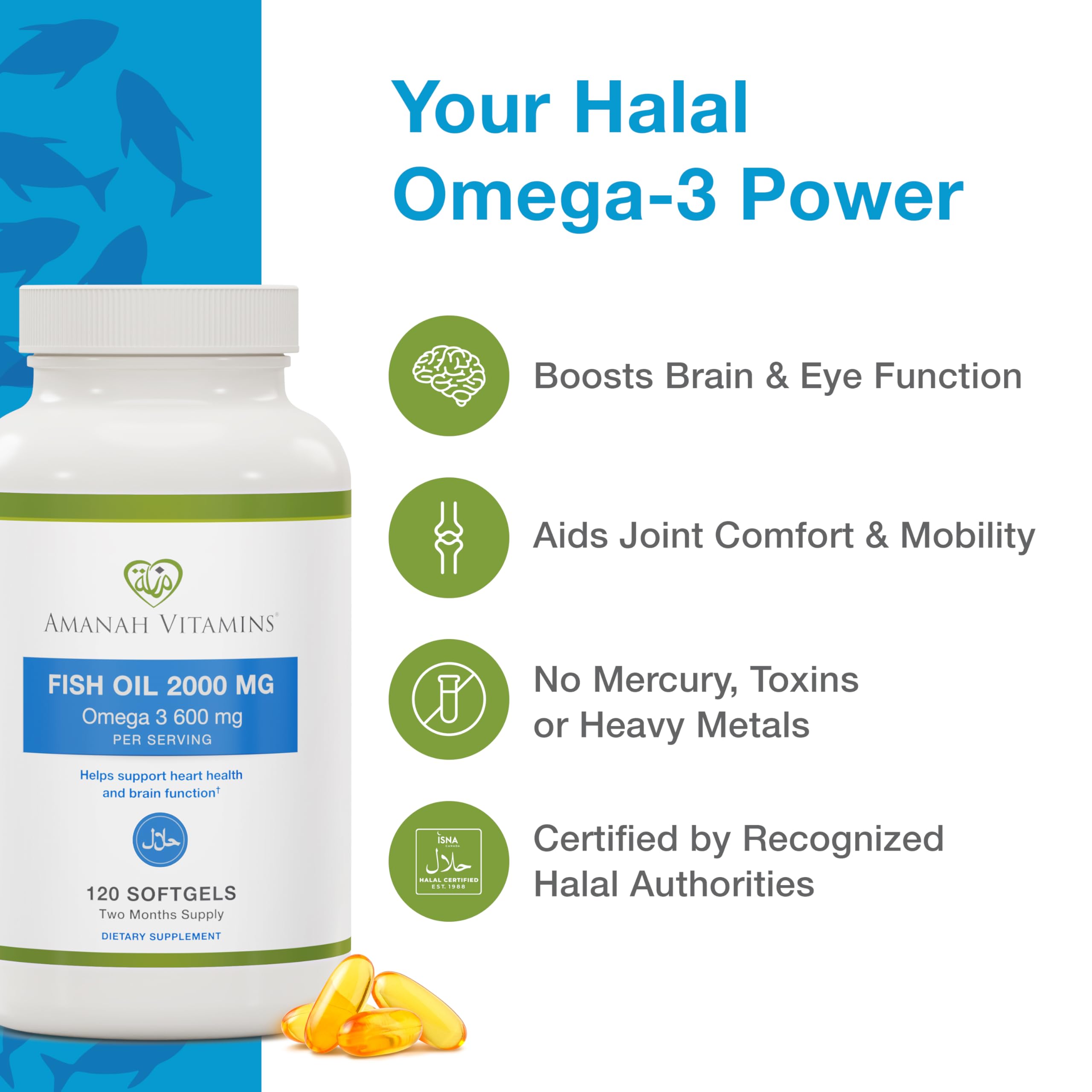 Bottle and softgels display of Amanah Omega-3 fish oil