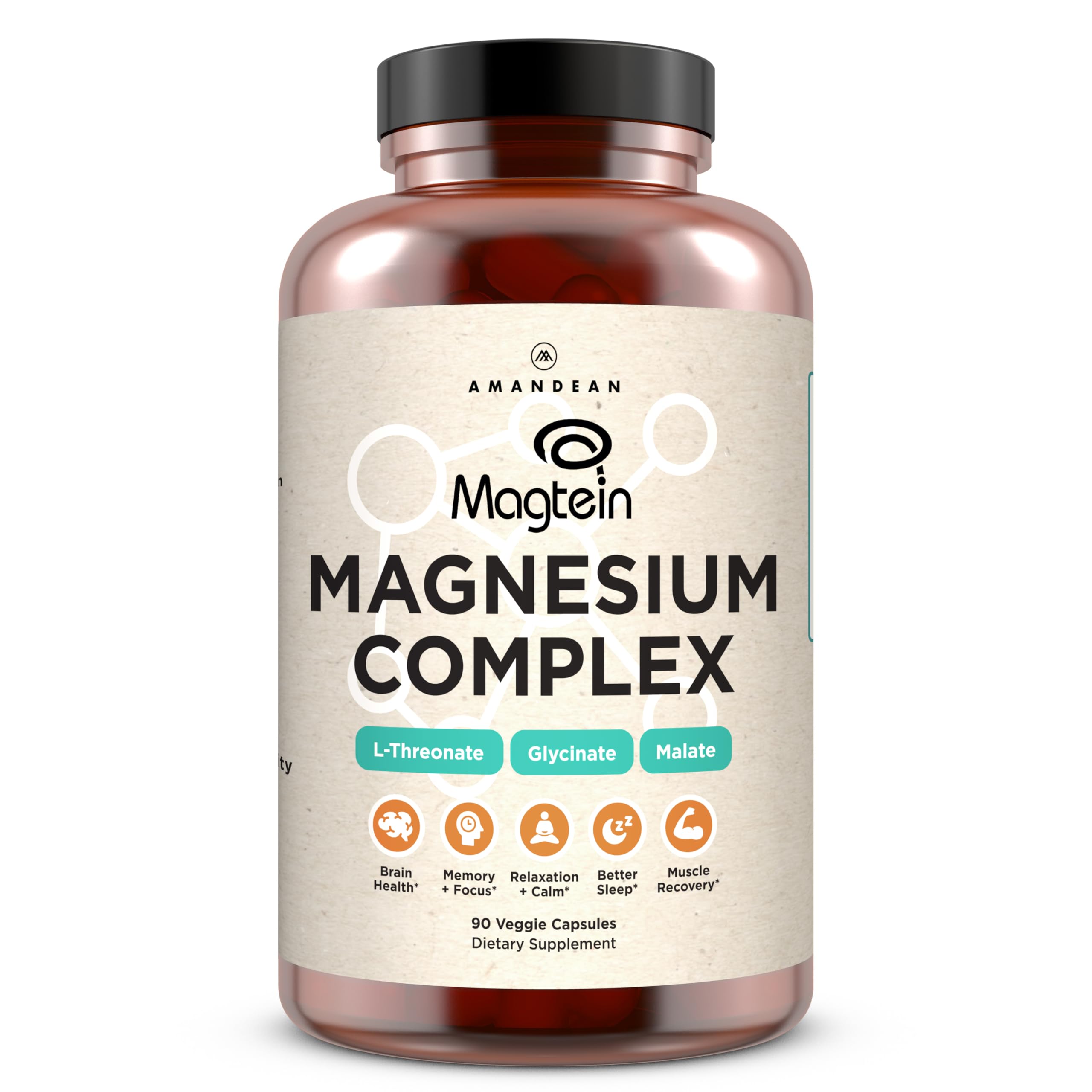 Bottle of AMANDEAN Magtein Magnesium Complex with 90 veggie capsules
