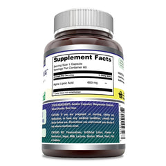 Close-up of Alpha Lipoic Acid 600 mg per serving on label