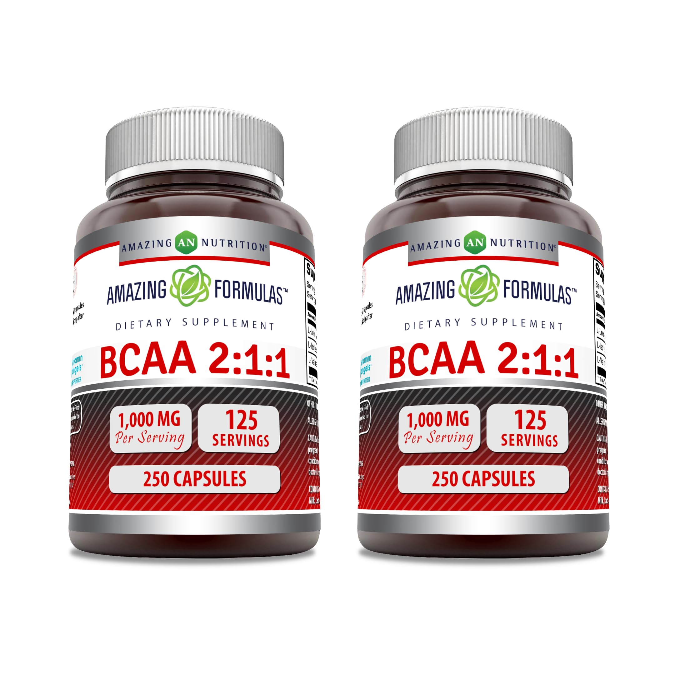 Bottle of Amazing Formulas BCAA 2:1:1 1000 mg serving capsules