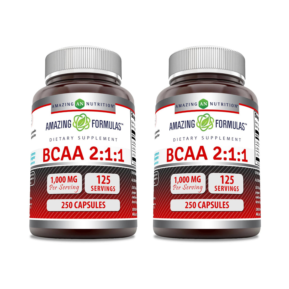 Bottle of Amazing Formulas BCAA 2:1:1 1000 mg serving capsules