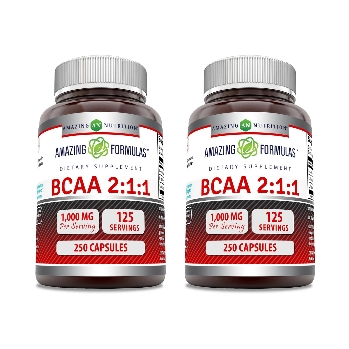 Bottle of Amazing Formulas BCAA 2:1:1 1000 mg serving capsules