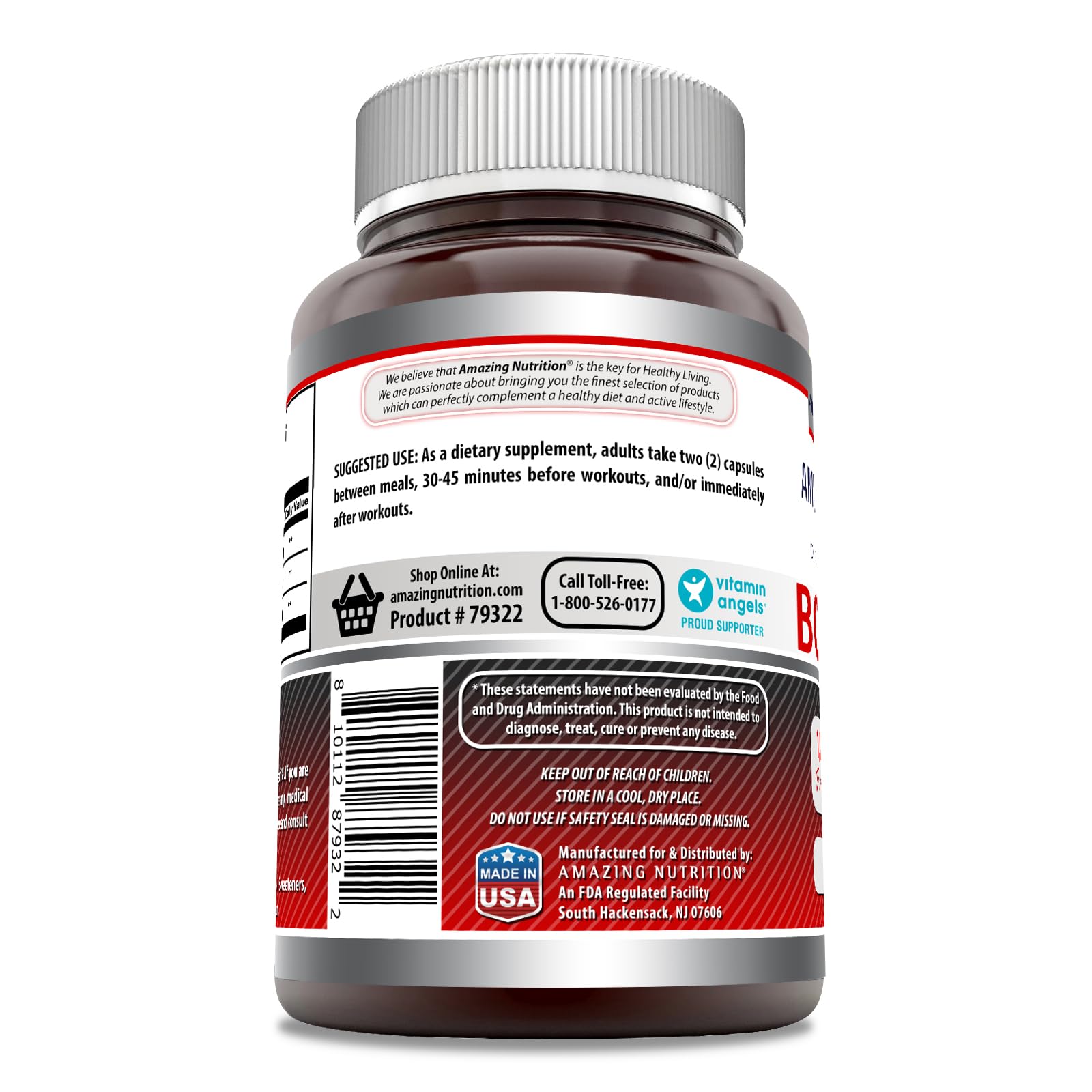 Bottle of Amazing Formulas BCAA 2:1:1 with cap visible