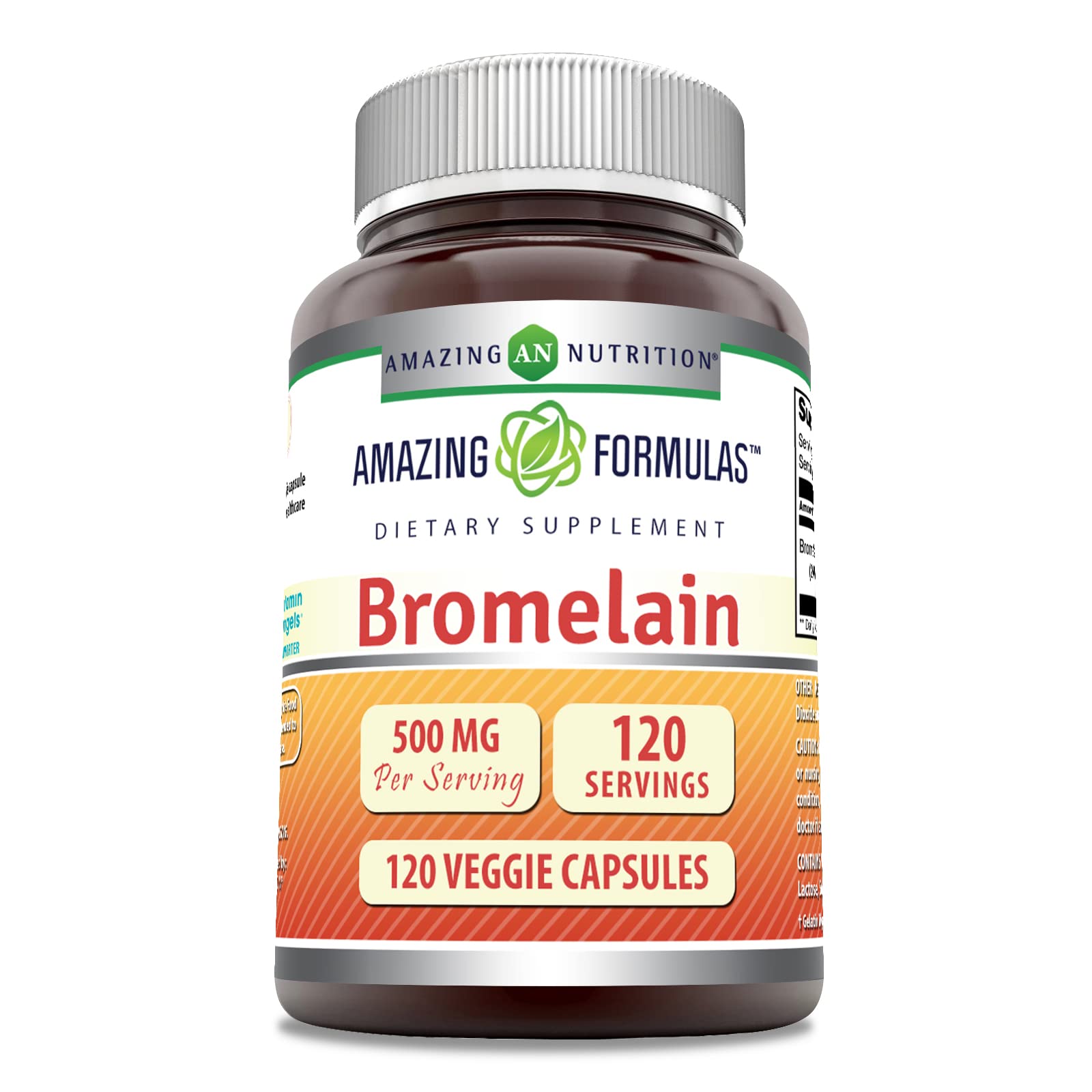 Bottle of Amazing Formulas Bromelain Supplement 500 mg per serving, 120 veggie capsules