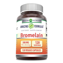 Bottle of Amazing Formulas Bromelain Supplement 500 mg per serving, 120 veggie capsules