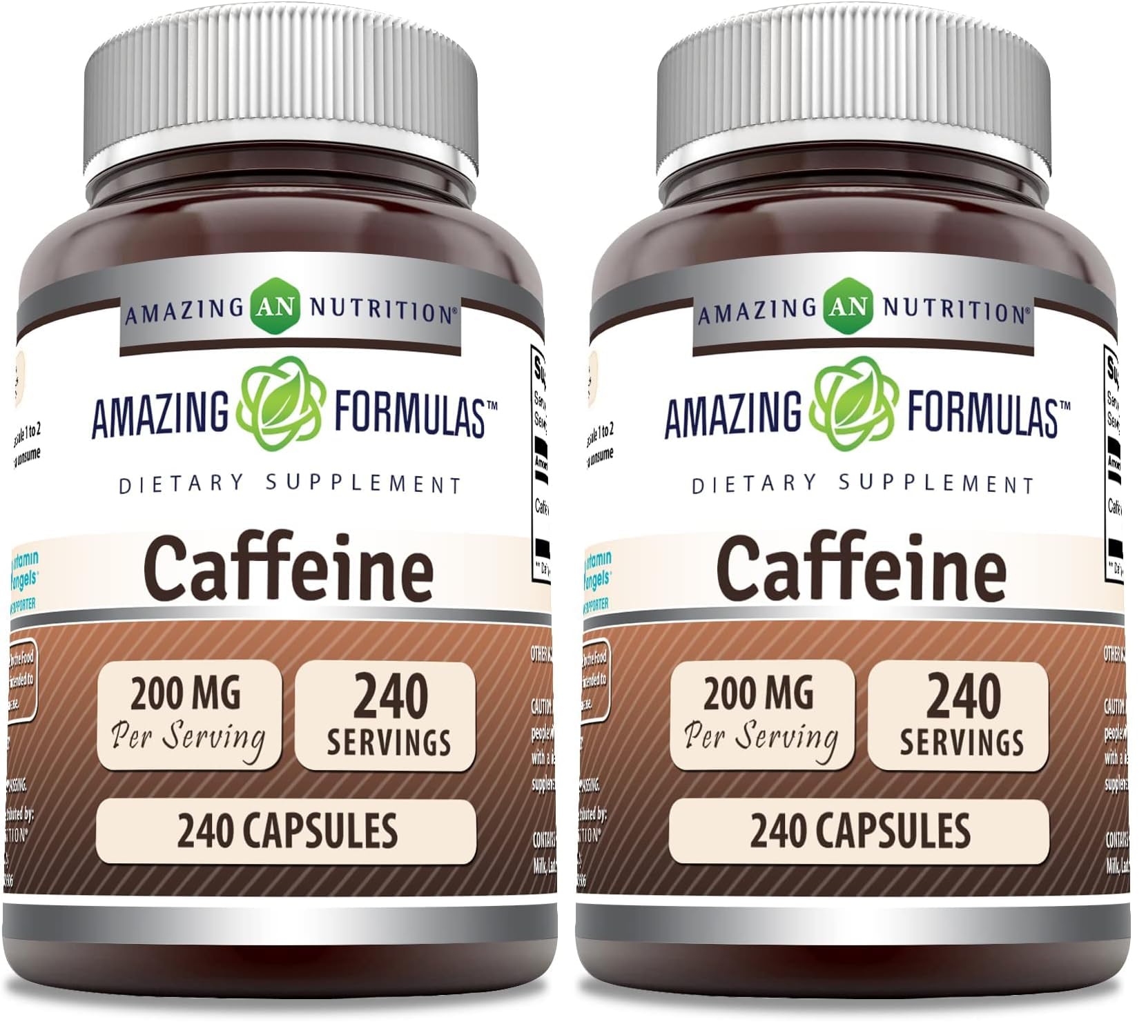 Front view of Amazing Formulas caffeine capsules bottle with label