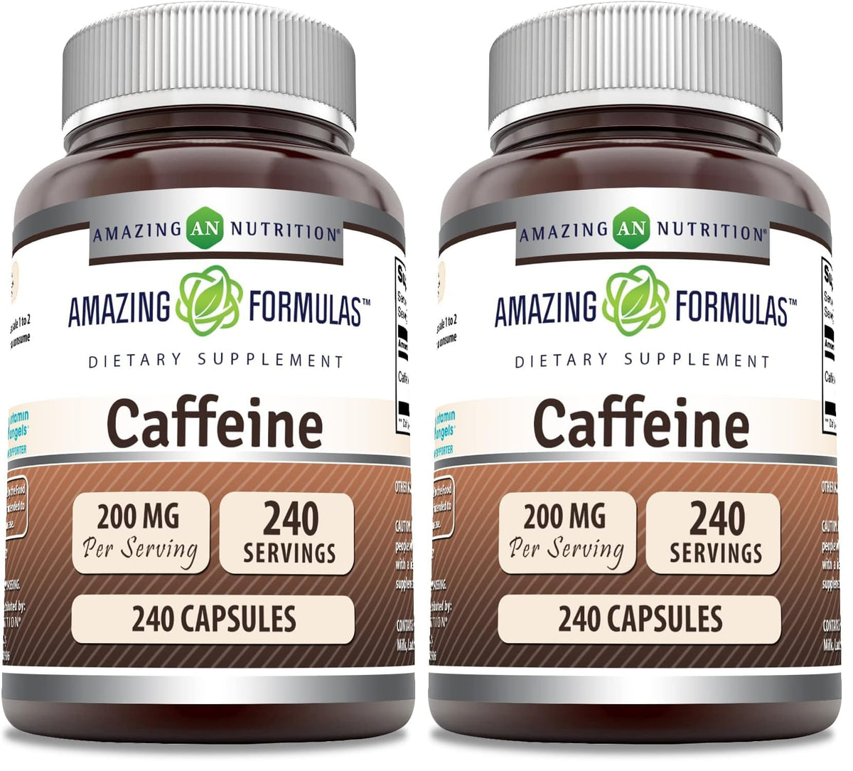 Product bottle showing Amazing Formulas caffeine 200 mg per serving