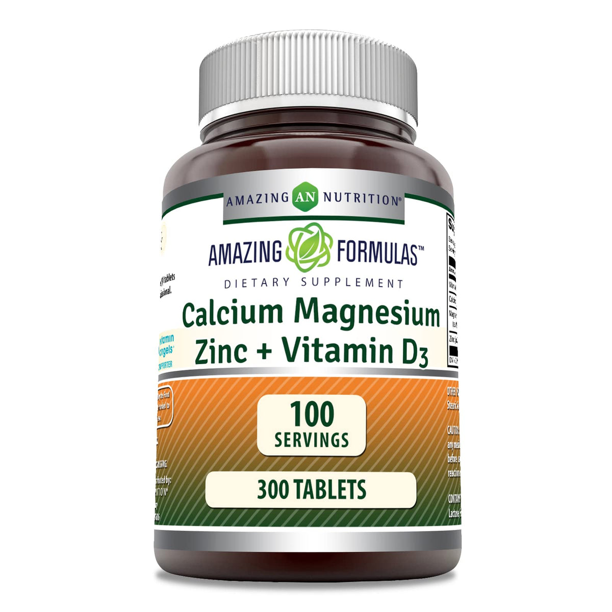 Front view of Amazing Formulas Calcium Magnesium Zinc D3 300-tablet bottle