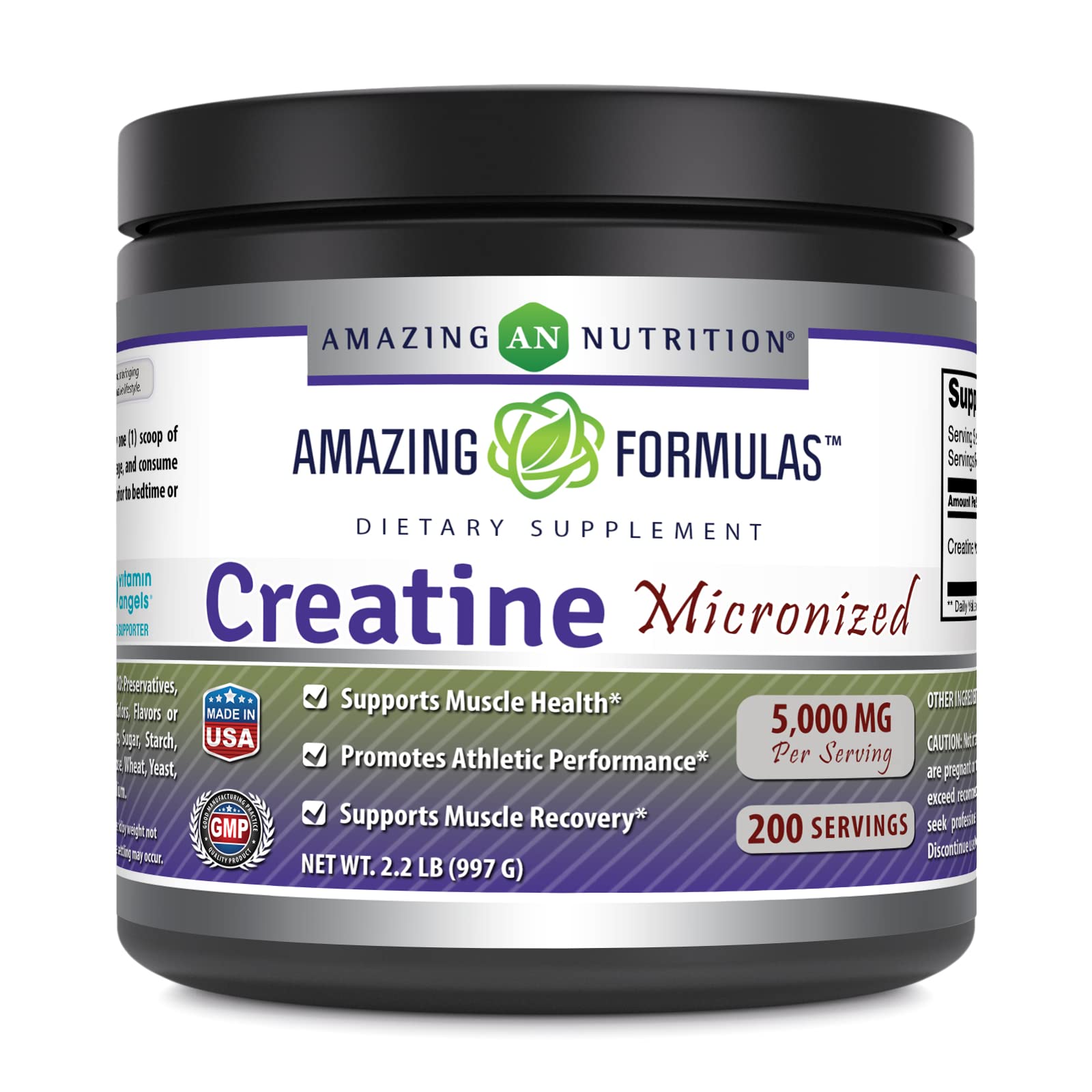 Bottle of Amazing Formulas Micronized Creatine Monohydrate Powder – 5000 mg per serving, USA made