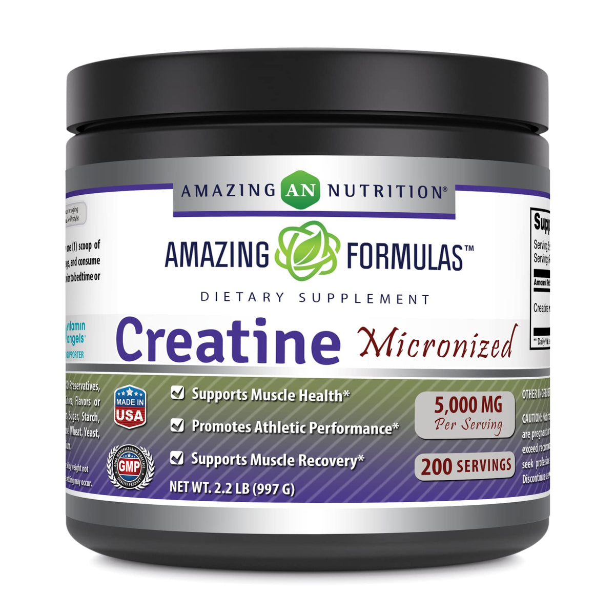 Bottle of Amazing Formulas Micronized Creatine Monohydrate Powder – 5000 mg per serving, USA made
