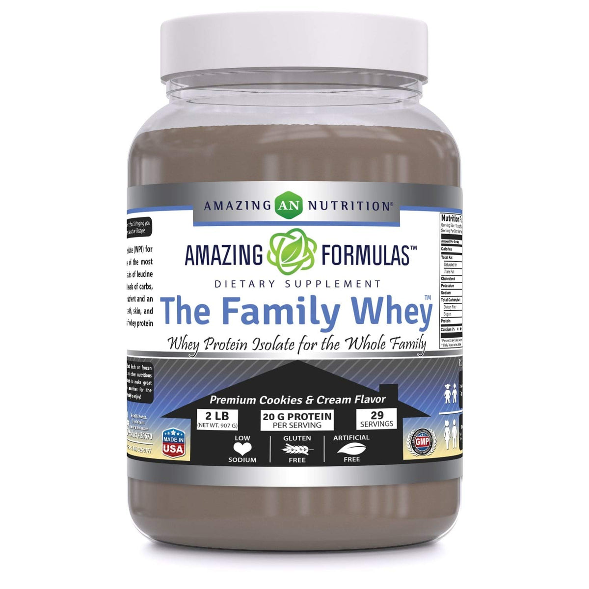 Front view of Amazing Formulas The Family Whey Protein Isolate (Cookie & Cream), gluten-free, 2 lb