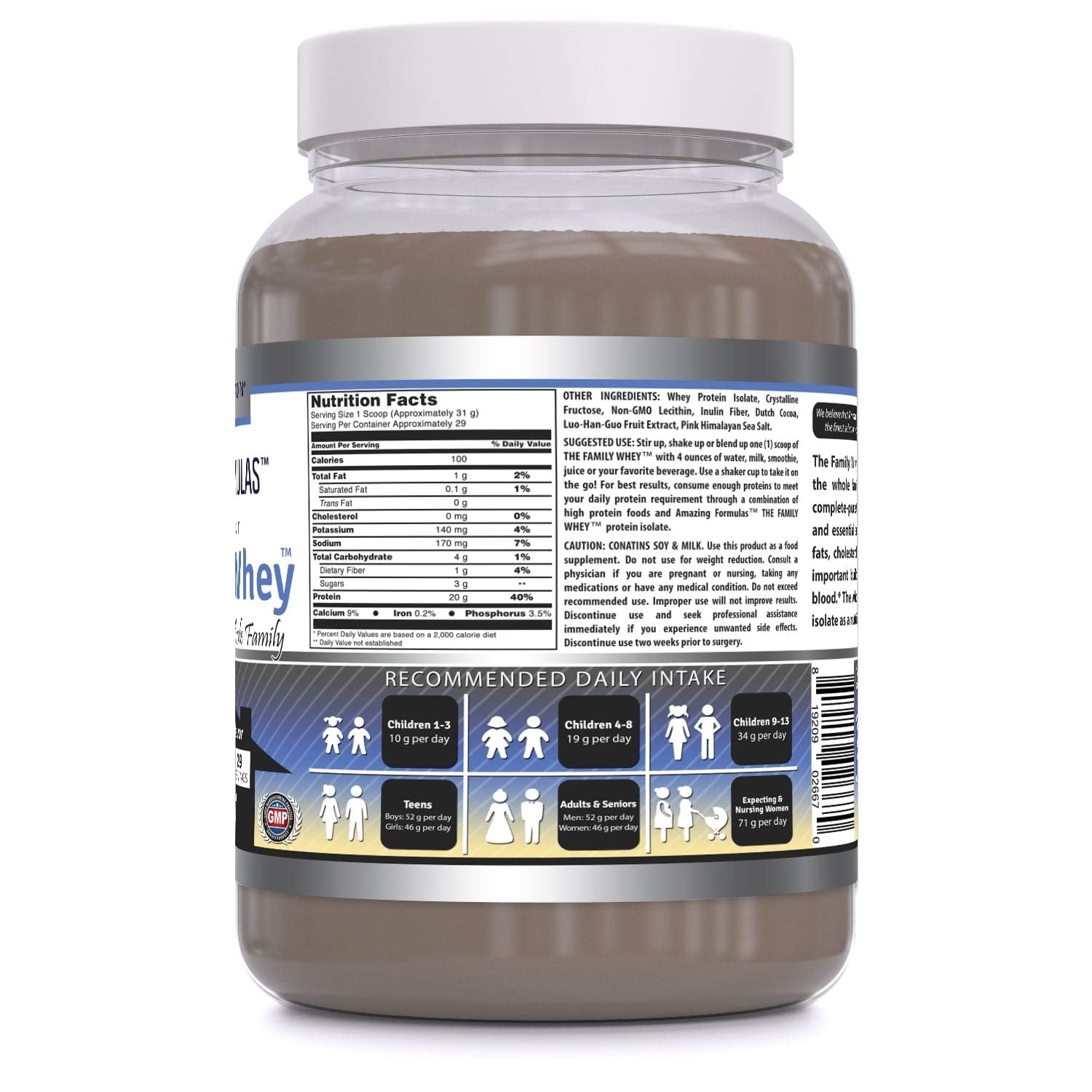 Scoop with powder and label of Amazing Formulas The Family Whey Protein Isolate