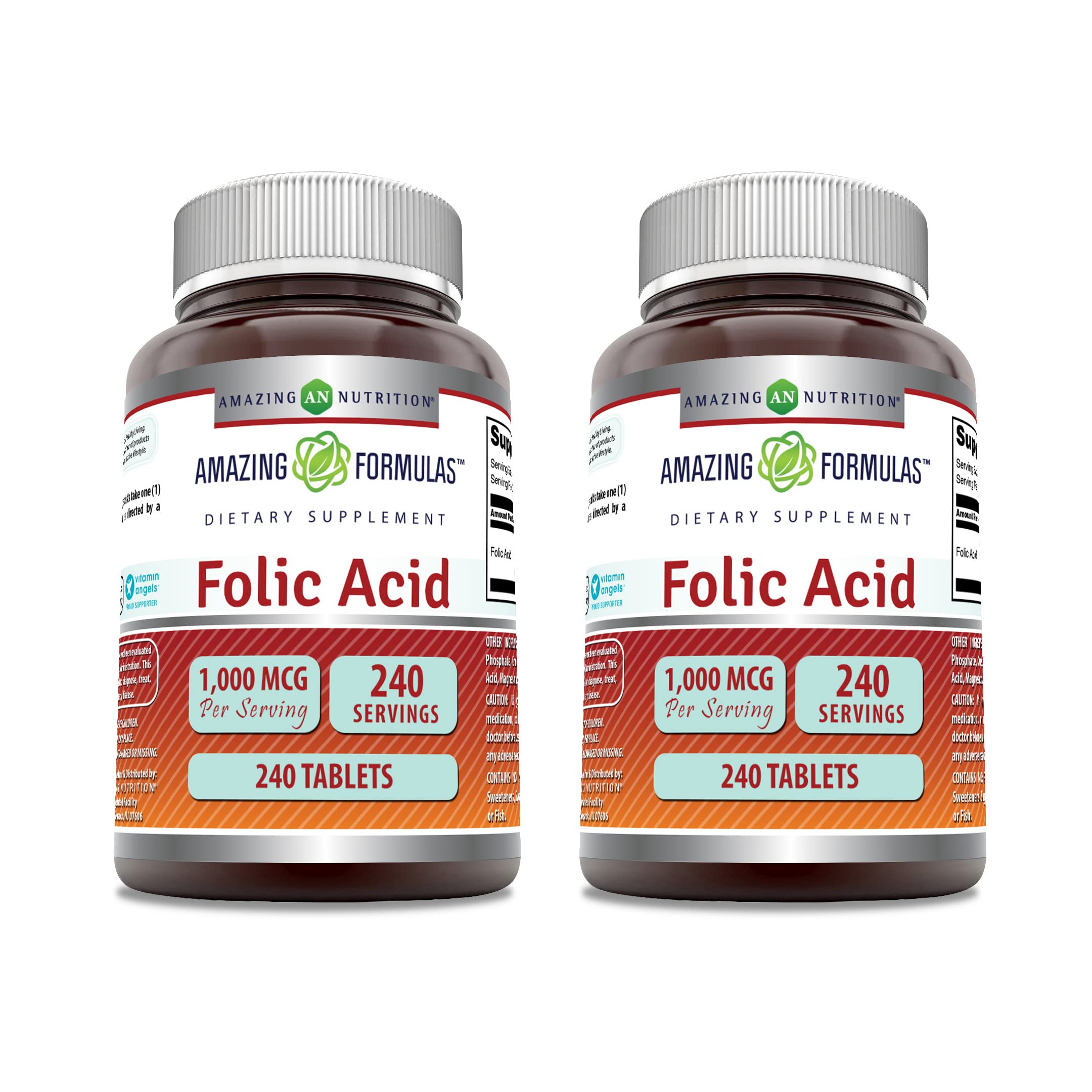 Bottle of Amazing Formulas Folic Acid 1000 mcg tablets, 240 count, 2-pack