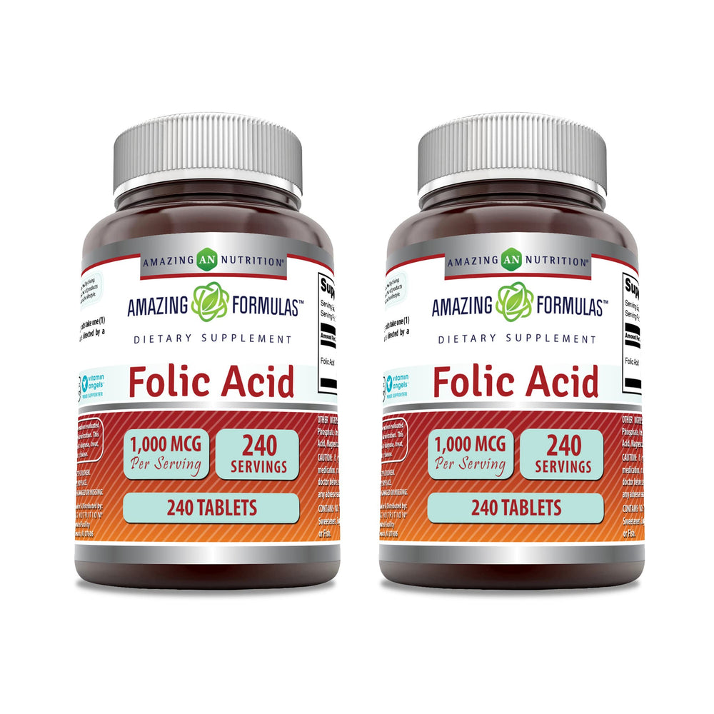 Bottle of Amazing Formulas Folic Acid 1000 mcg tablets, 240 count, 2-pack