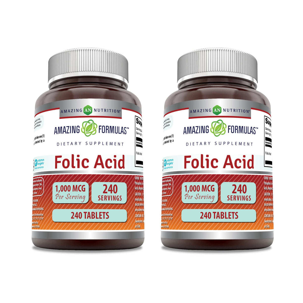 Bottle of Amazing Formulas Folic Acid 1000 mcg tablets, 240 count, 2-pack