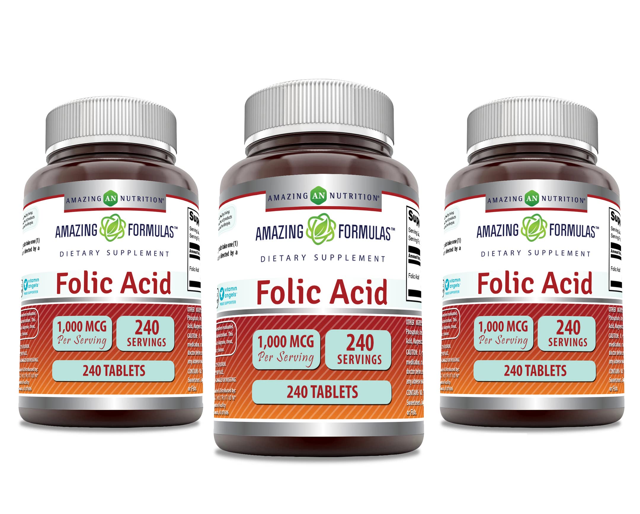 Bottle of Amazing Formulas Folic Acid 1000 mcg tablets, 240 count, 3 pack, USA made
