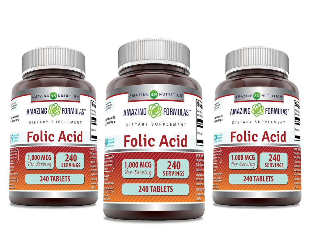 Bottle of Amazing Formulas Folic Acid 1000 mcg tablets, 240 count, 3 pack, USA made
