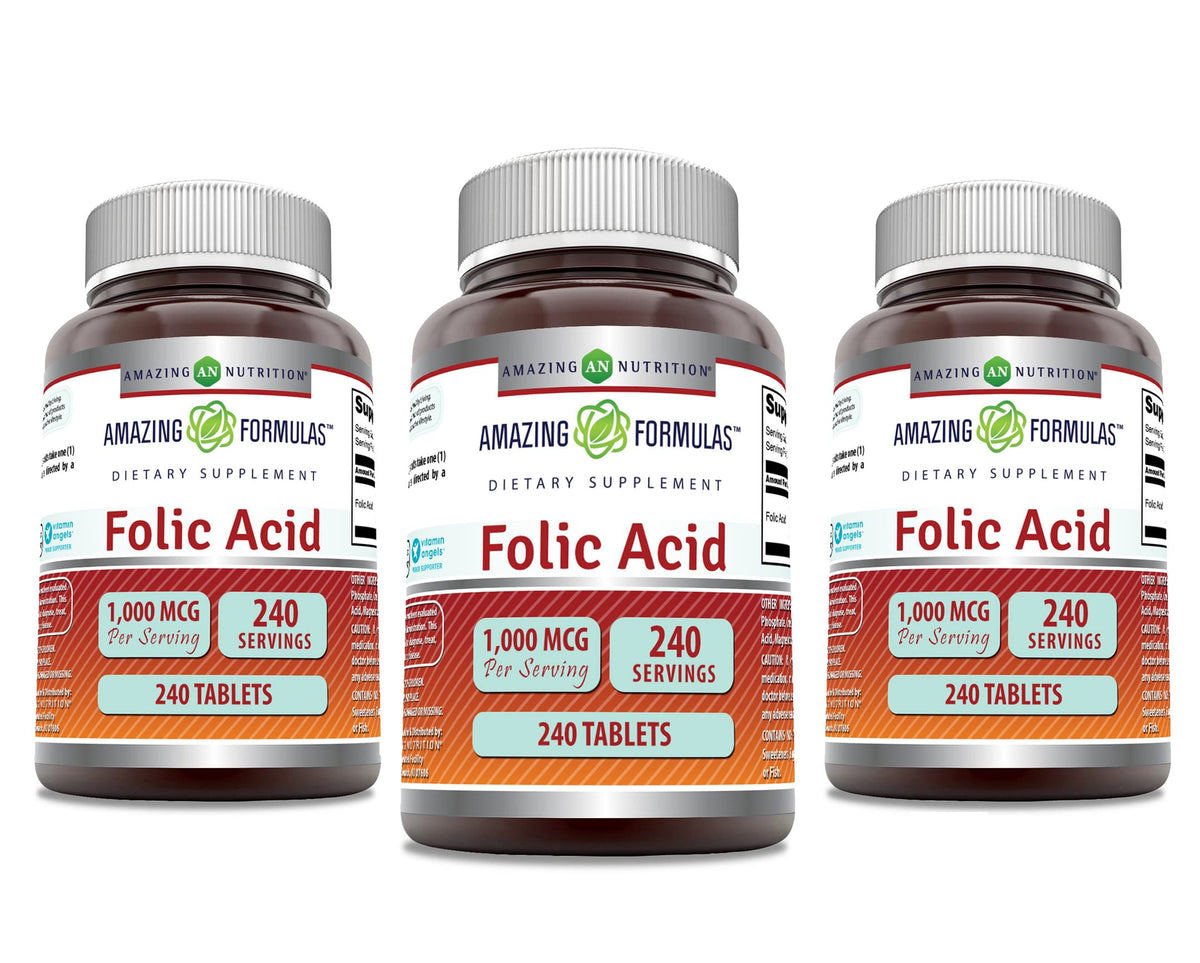 Bottle of Amazing Formulas Folic Acid 1000 mcg tablets, 240 count, 3 pack, USA made