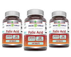 Bottle of Amazing Formulas Folic Acid 1000 mcg tablets, 240 count, 3 pack, USA made