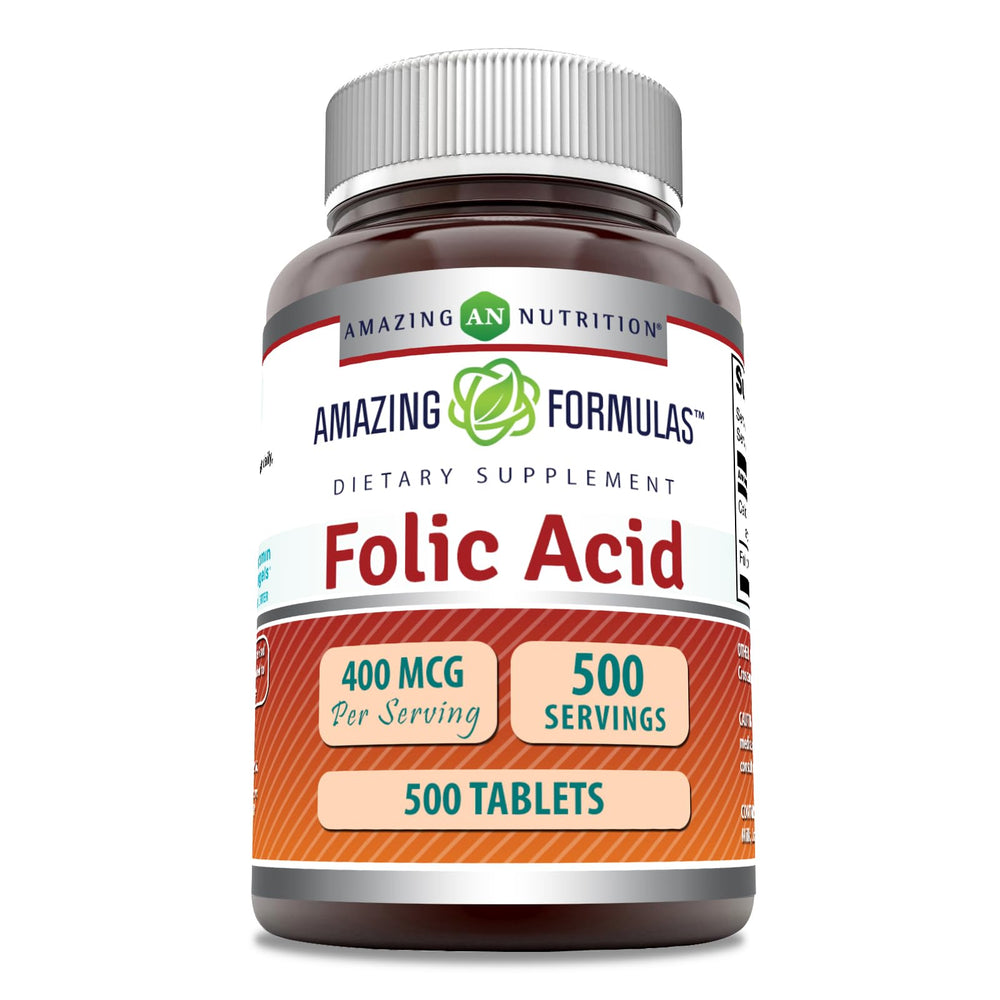Front and back view of Amazing Formulas Folic Acid 400 mcg bottle