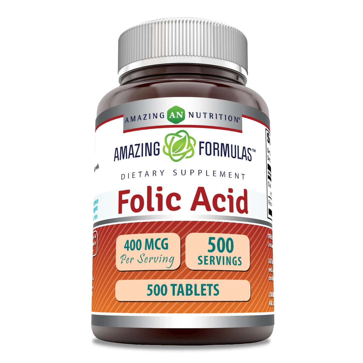 Front and back view of Amazing Formulas Folic Acid 400 mcg bottle