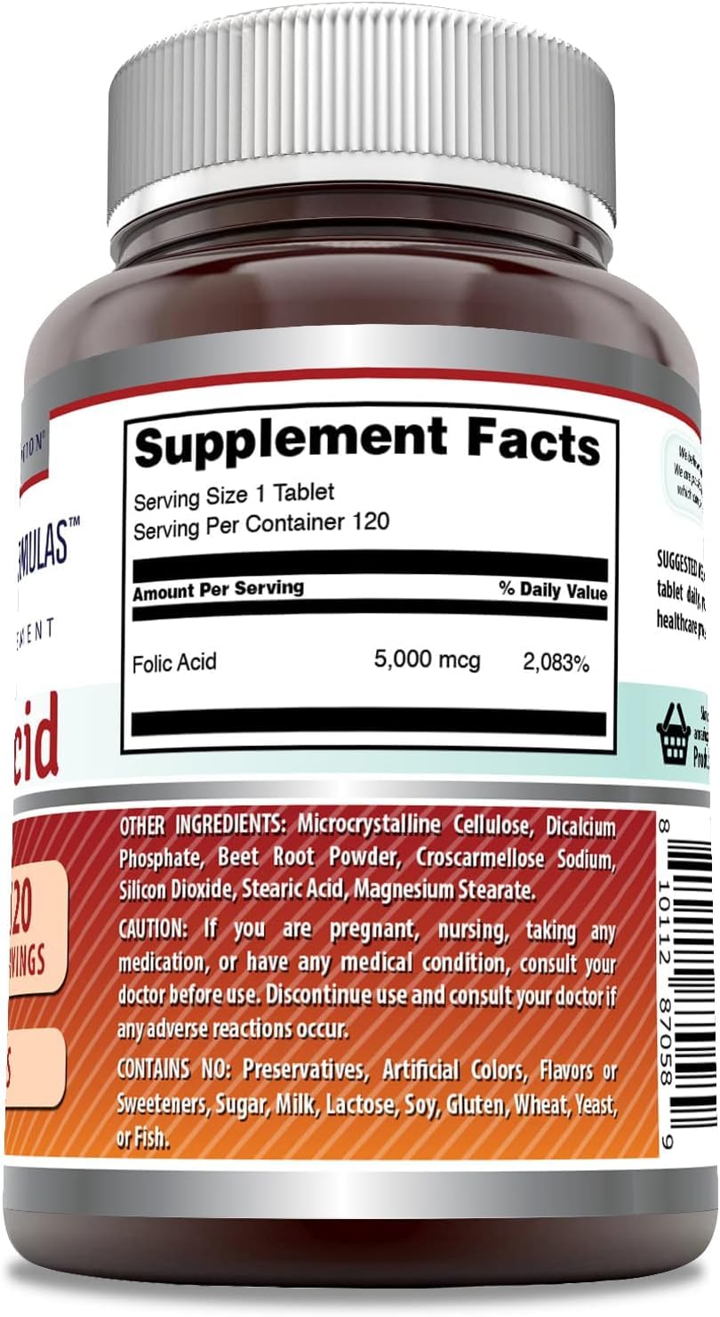 Close-up of Amazing Formulas Folic Acid 5000 mcg label