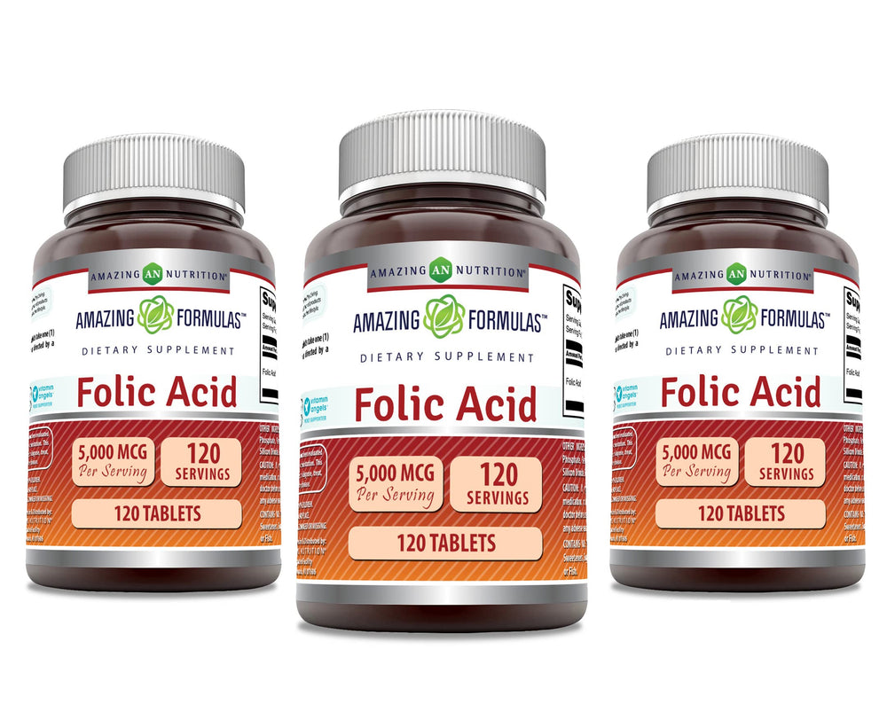 Bottle of Amazing Formulas Folic Acid 5000 mcg – 120 tablets – 3 pack