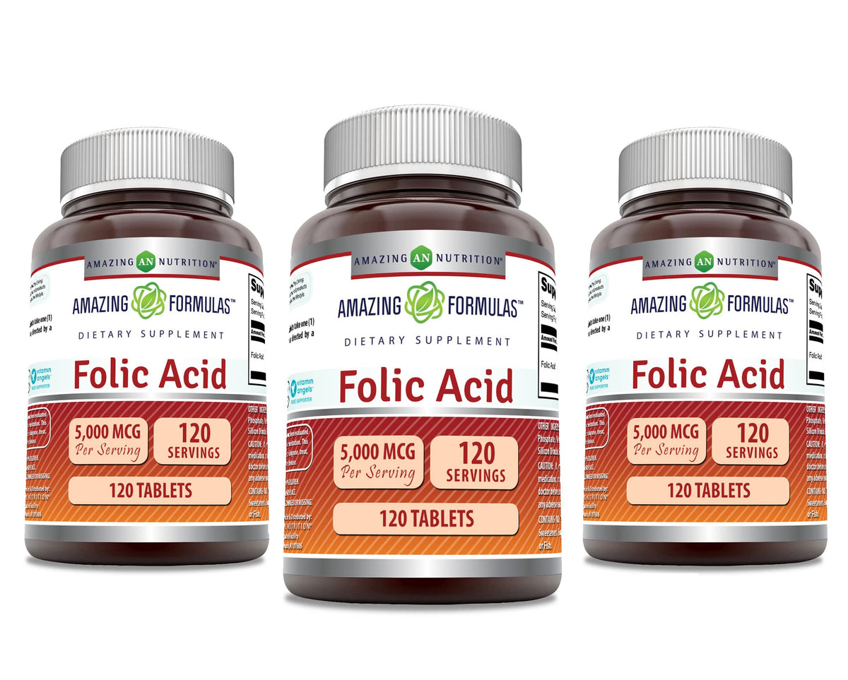Bottle of Amazing Formulas Folic Acid 5000 mcg – 120 tablets – 3 pack
