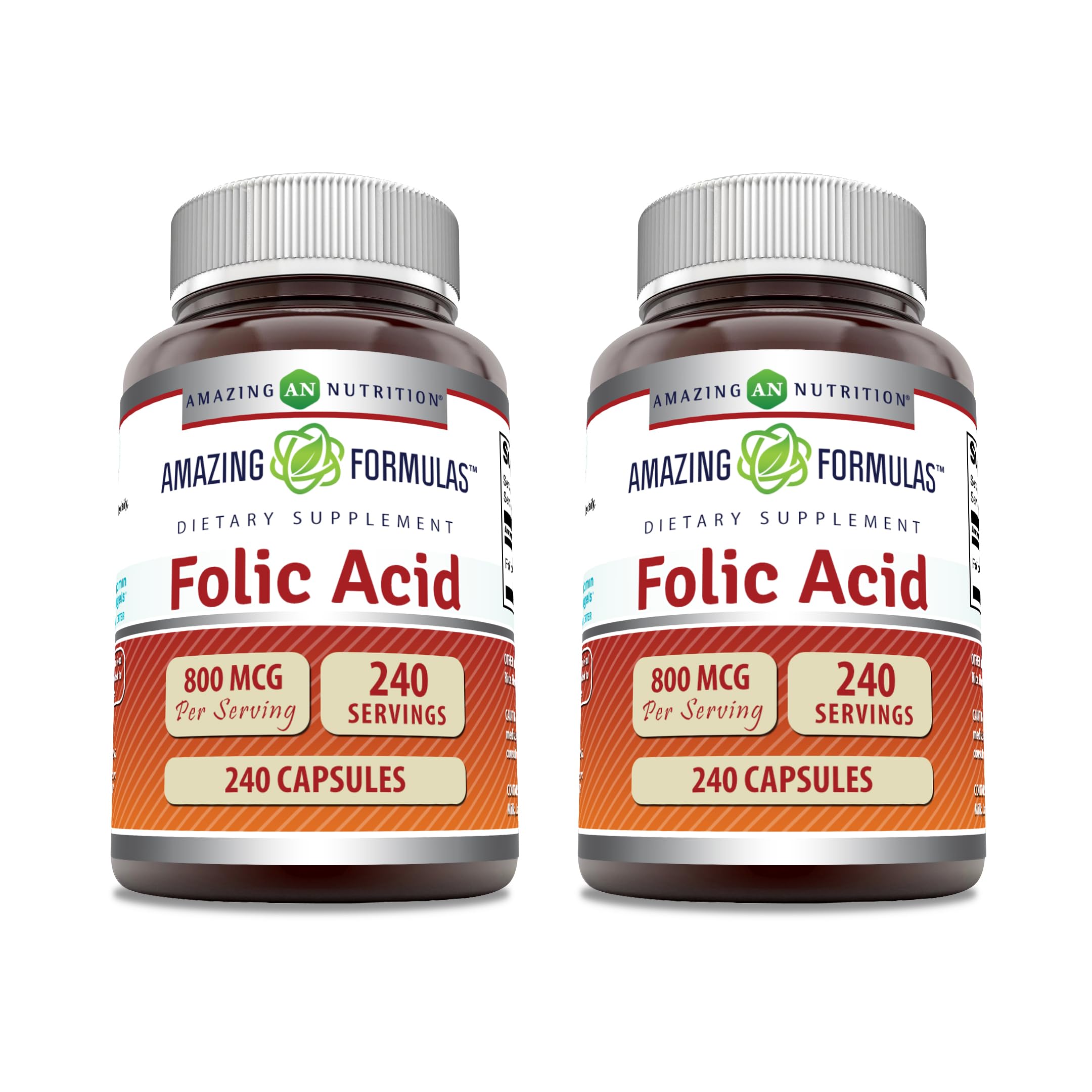 Amazing Formulas Folic Acid 800 mcg, 240 capsules bottle - Vitamin B9 supplement, Non-GMO, Gluten Free, Made in USA
