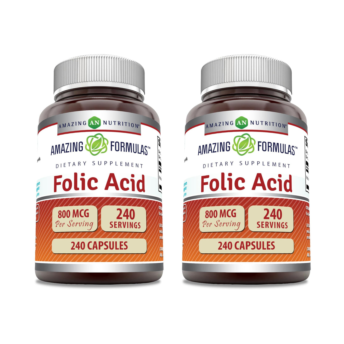 Amazing Formulas Folic Acid 800 mcg, 240 capsules bottle - Vitamin B9 supplement, Non-GMO, Gluten Free, Made in USA