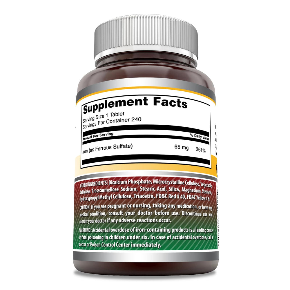 Bottle of Amazing Formulas Iron Ferrous Sulfate supplement – 240 count, USA-made