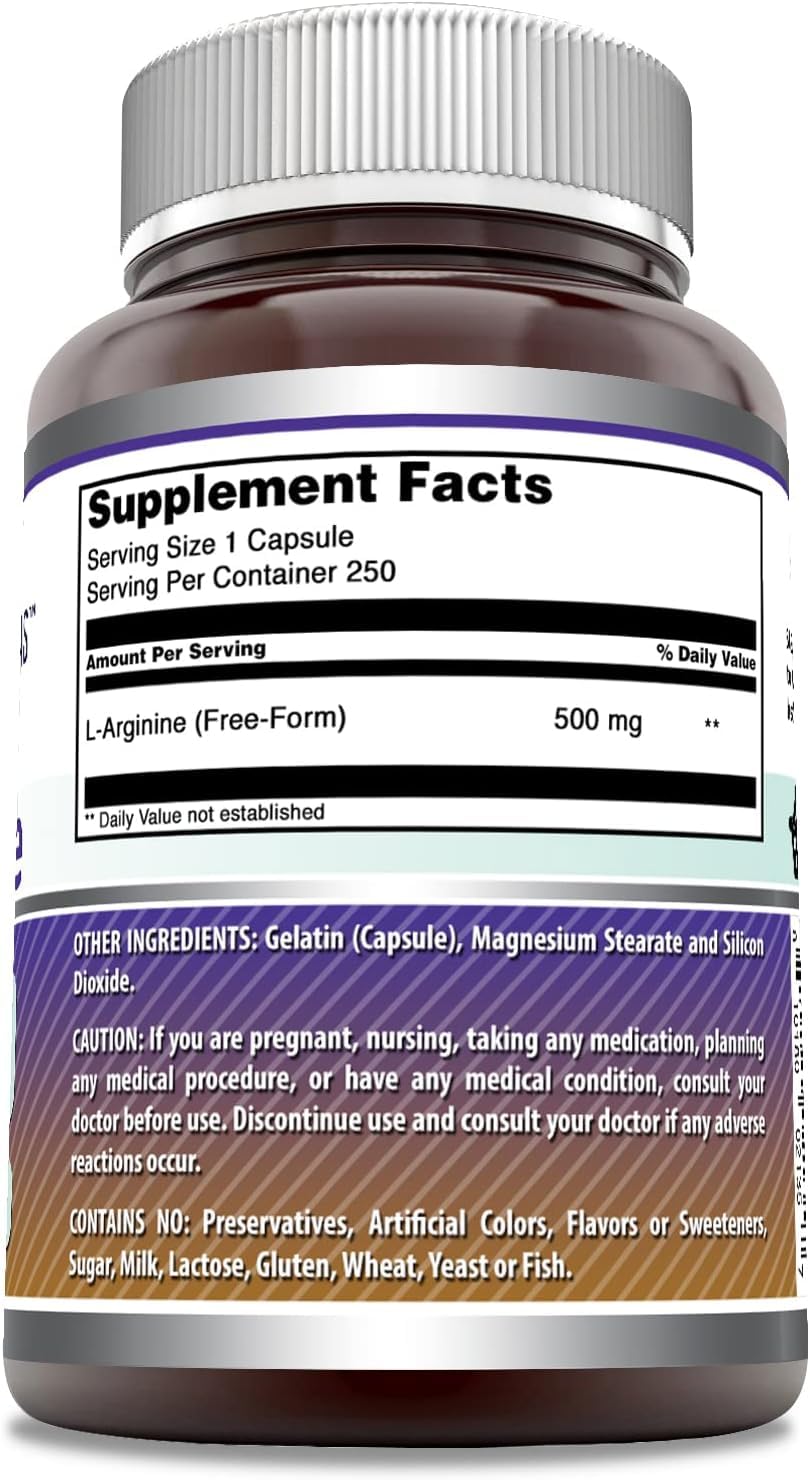 Close-up of L-Arginine 500 mg capsules