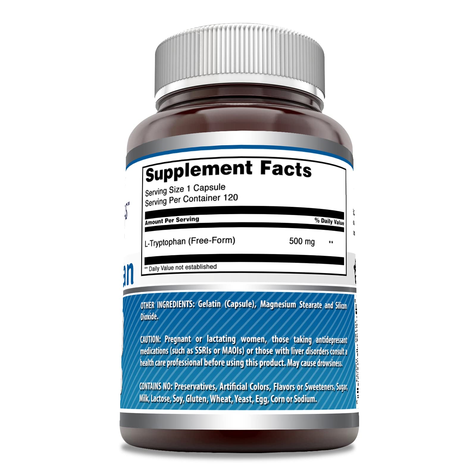 Close-up of L-Tryptophan bottle label