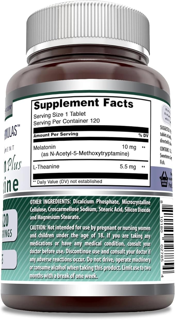 Label close-up of Amazing Formulas Melatonin 10 mg + L-Theanine 5.5 mg supplement
