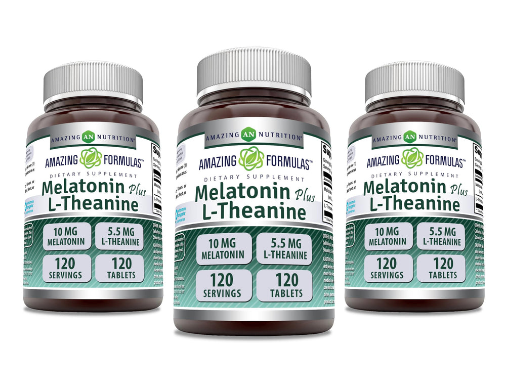 Bottle of Amazing Formulas Melatonin 10 mg + L-Theanine 5.5 mg supplement