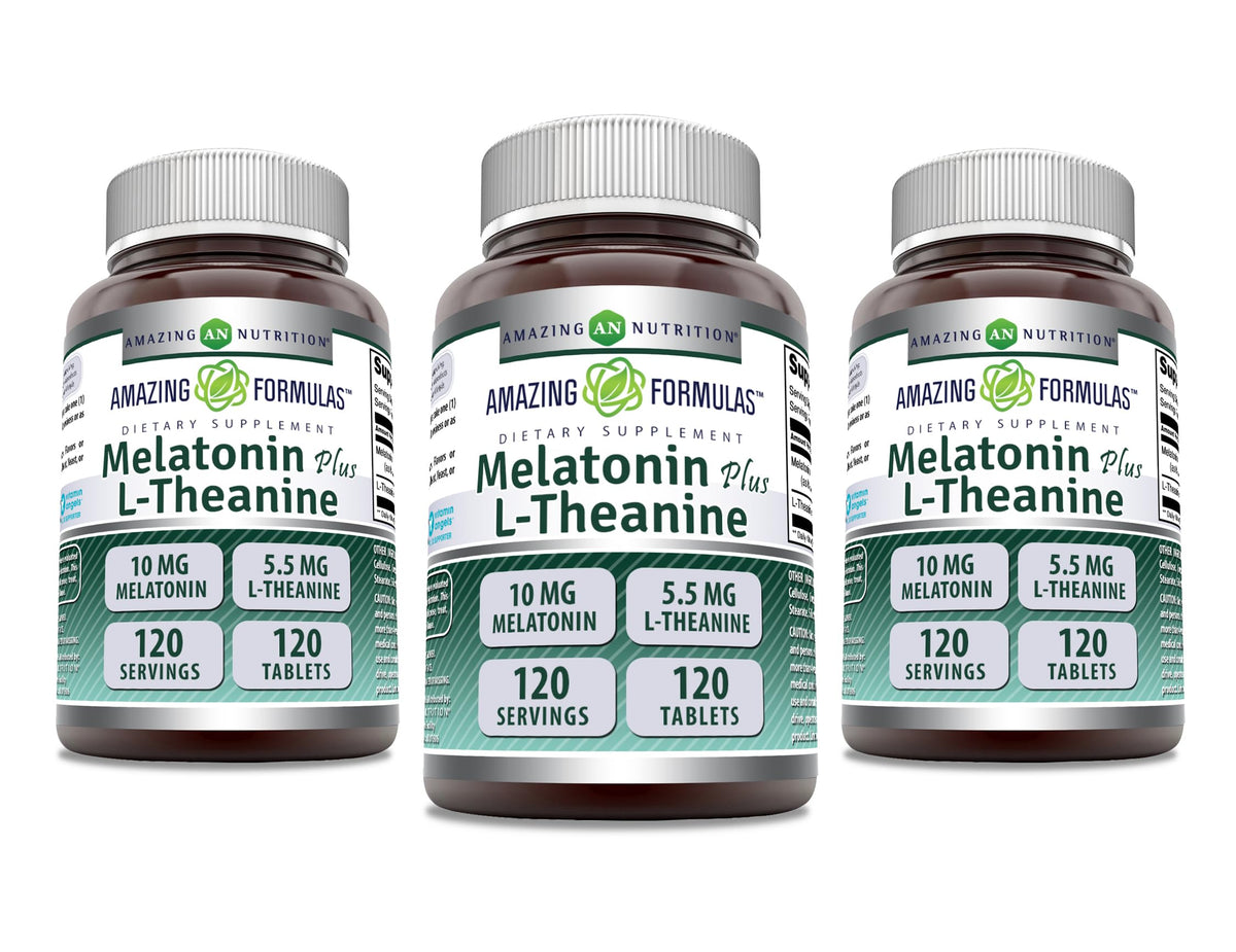 Bottle of Amazing Formulas Melatonin 10 mg + L-Theanine 5.5 mg supplement