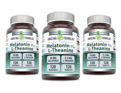 Bottle of Amazing Formulas Melatonin 10 mg + L-Theanine 5.5 mg supplement