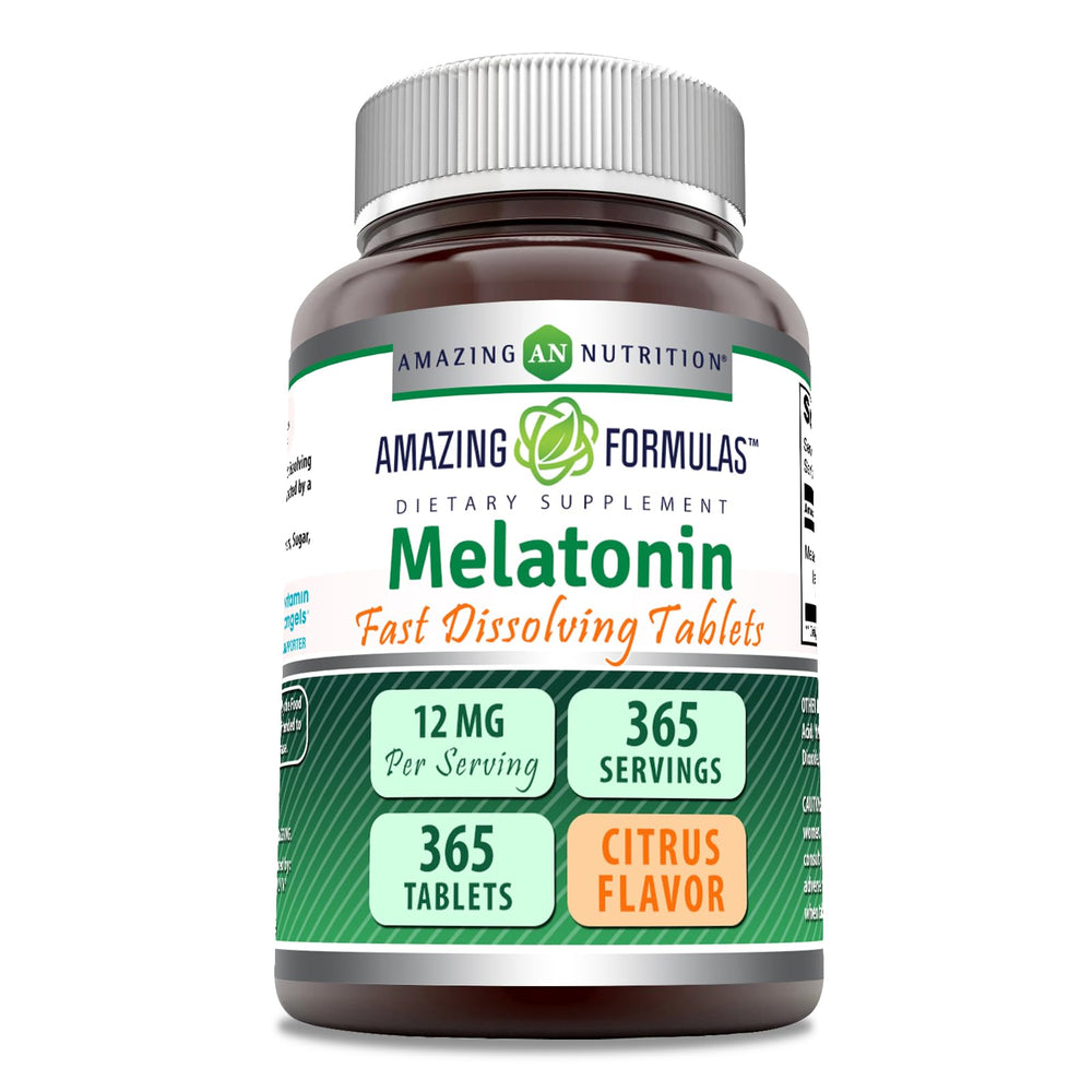 Bottle of Amazing Formulas Melatonin Fast Dissolving Citrus 12 mg with 365 tablets