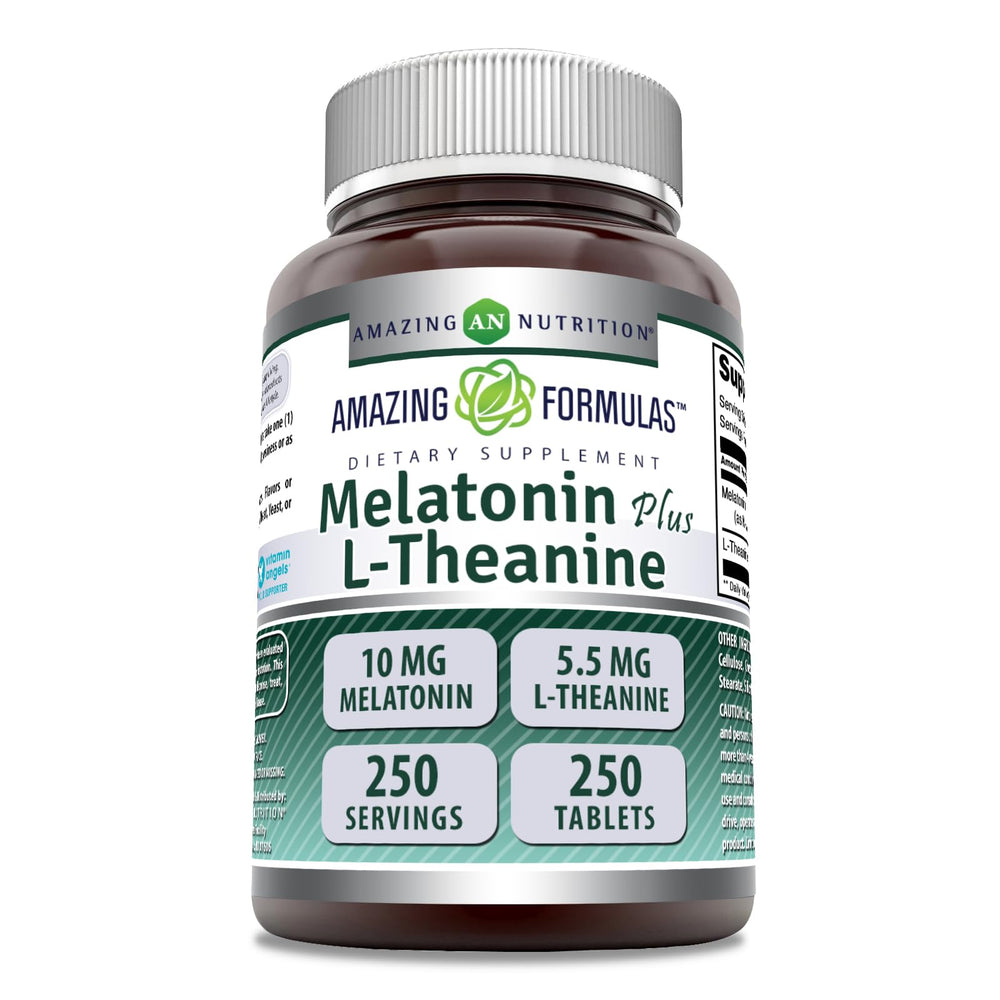 Bottle of Amazing Formulas Melatonin Plus L-Theanine 10 mg tablets, 250-count