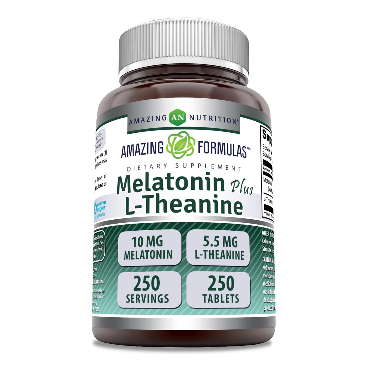 Bottle of Amazing Formulas Melatonin Plus L-Theanine 10 mg tablets, 250-count
