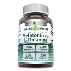 Bottle of Amazing Formulas Melatonin Plus L-Theanine 10 mg tablets, 250-count