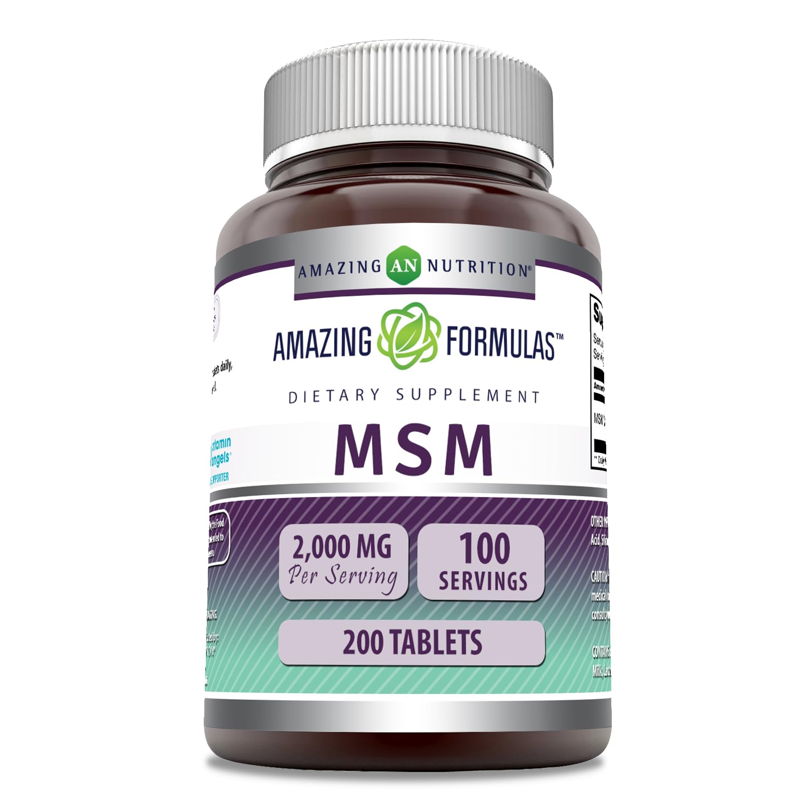 Amazing Formulas MSM bottle label showing 1000 mg per serving and 200 tablets
