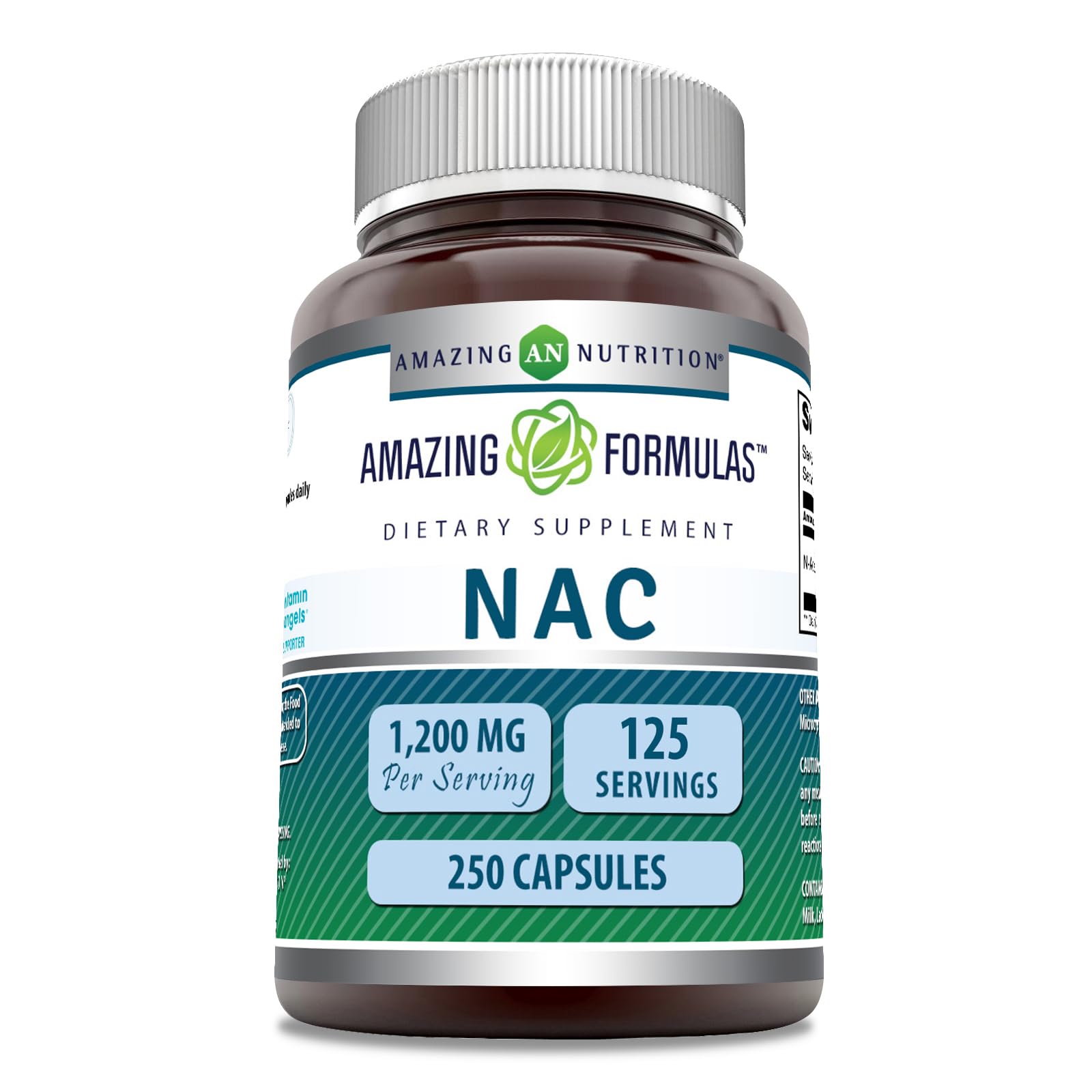 Front view of Amazing Formulas NAC 600 mg bottle with 250 capsules