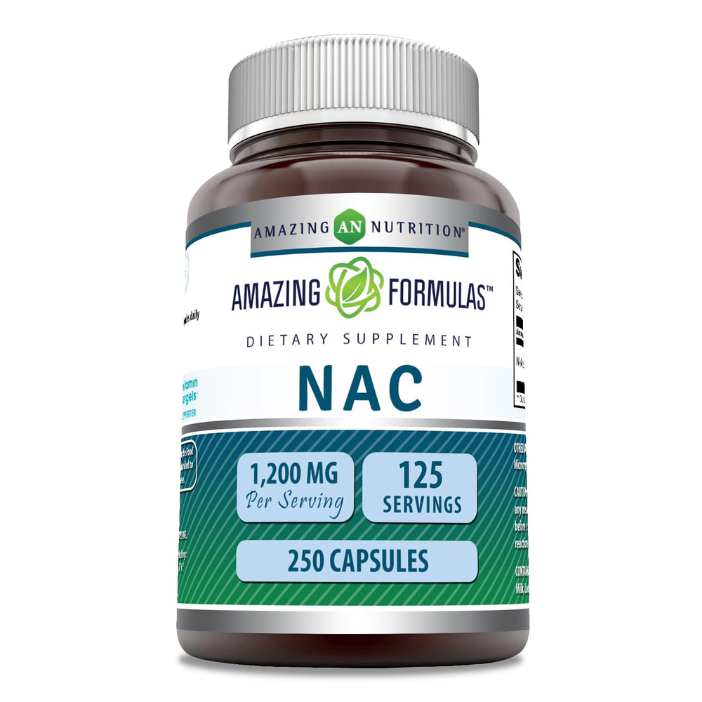 Front view of Amazing Formulas NAC 600 mg bottle with 250 capsules