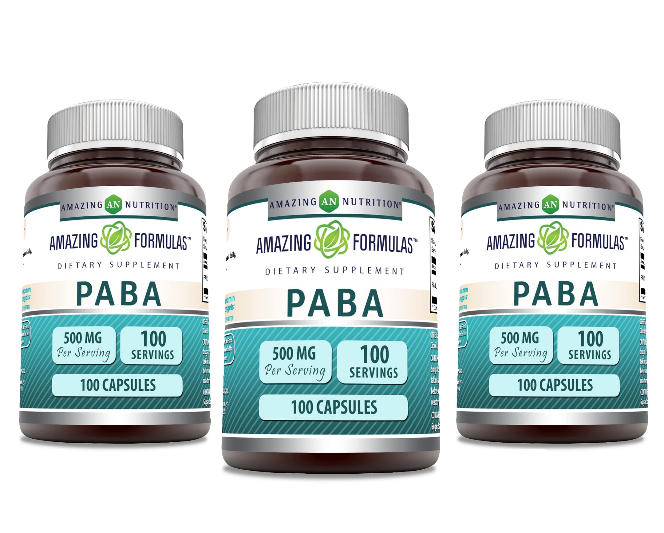 Amazing Formulas PABA Supplement bottle, 500 mg per serving, 100 capsules, Non-GMO, Gluten Free, Made in USA (3-Pack)