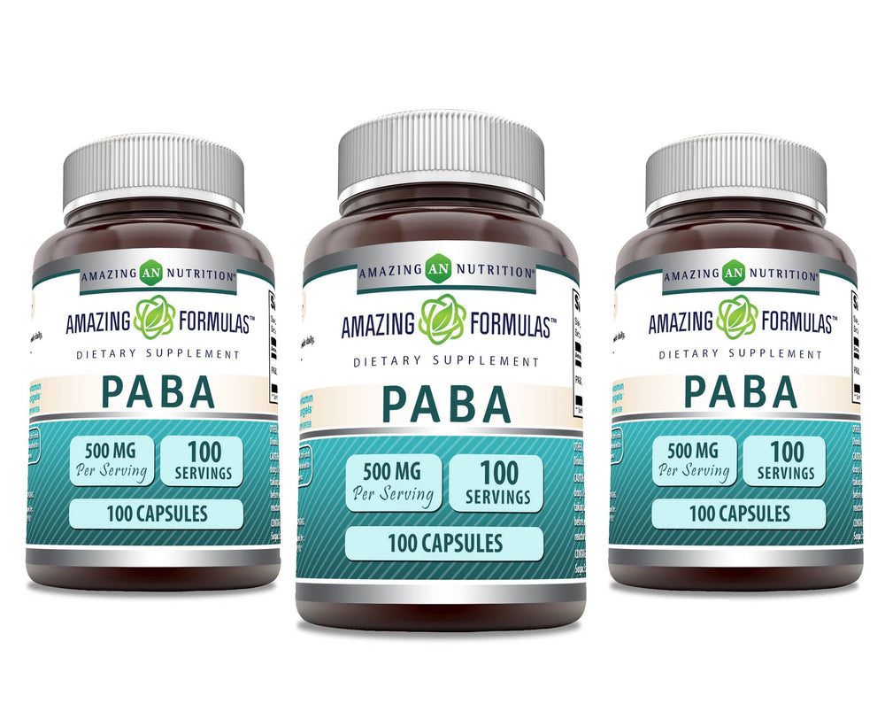 Amazing Formulas PABA Supplement bottle, 500 mg per serving, 100 capsules, Non-GMO, Gluten Free, Made in USA (3-Pack)