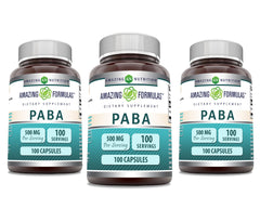 Amazing Formulas PABA Supplement bottle, 500 mg per serving, 100 capsules, Non-GMO, Gluten Free, Made in USA (3-Pack)