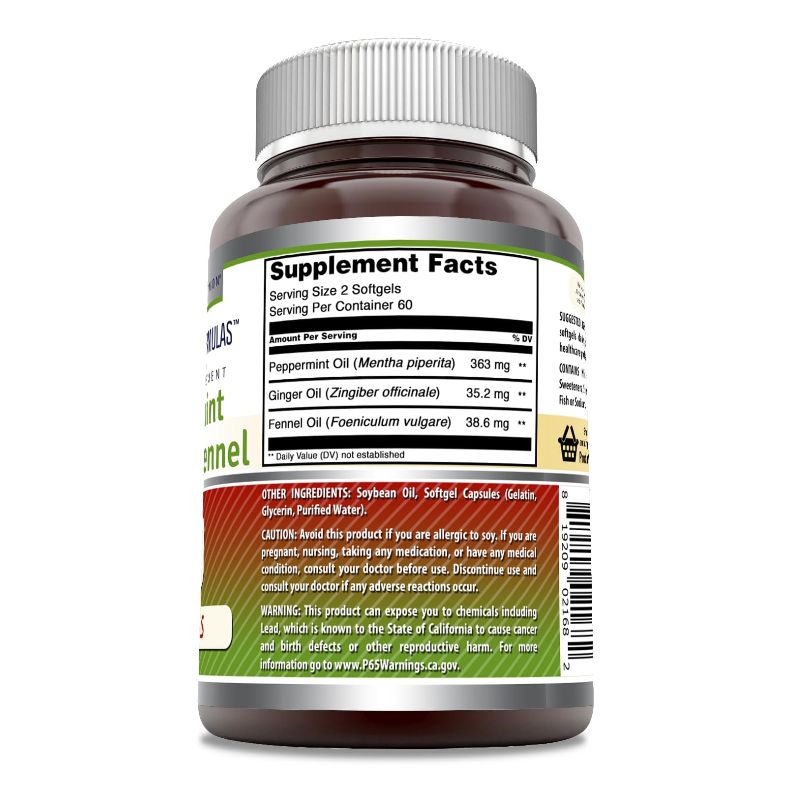 Bottle of Amazing Formulas Peppermint Ginger Fennel dietary supplement
