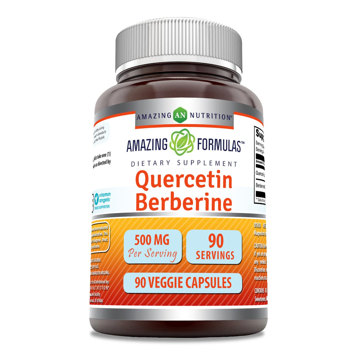 Front view of Amazing Formulas Quercetin Berberine 500mg bottle with 90 veggie capsules
