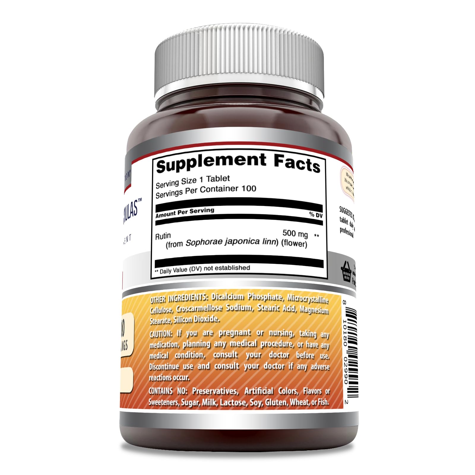 Close-up of Rutin supplement bottle label showing 500mg and 1 tablet per serving